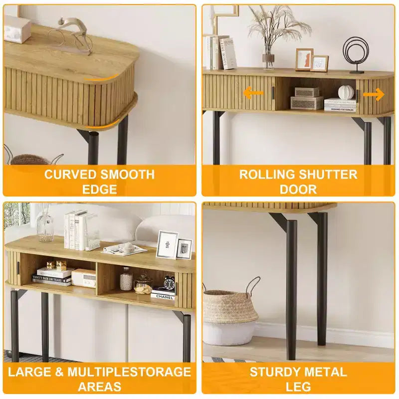 Mesa consola estriada de 47 con cajones, mesas estrechas para recibidor con almacenamiento y estantes