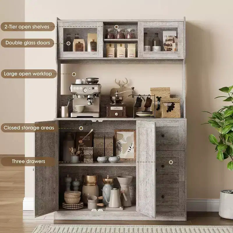 Hoher, verstellbarer Aufbewahrungsschrank 67 mit Türen aus gehärtetem Glas, großzügiger Arbeitsplatte, moderner Küchenvorratsschrank, Kaffeebar und Büroorganizer