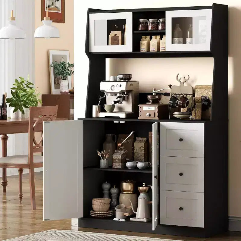 Hoher, verstellbarer Aufbewahrungsschrank 67 mit Türen aus gehärtetem Glas, großzügiger Arbeitsplatte, moderner Küchenvorratsschrank, Kaffeebar und Büroorganizer