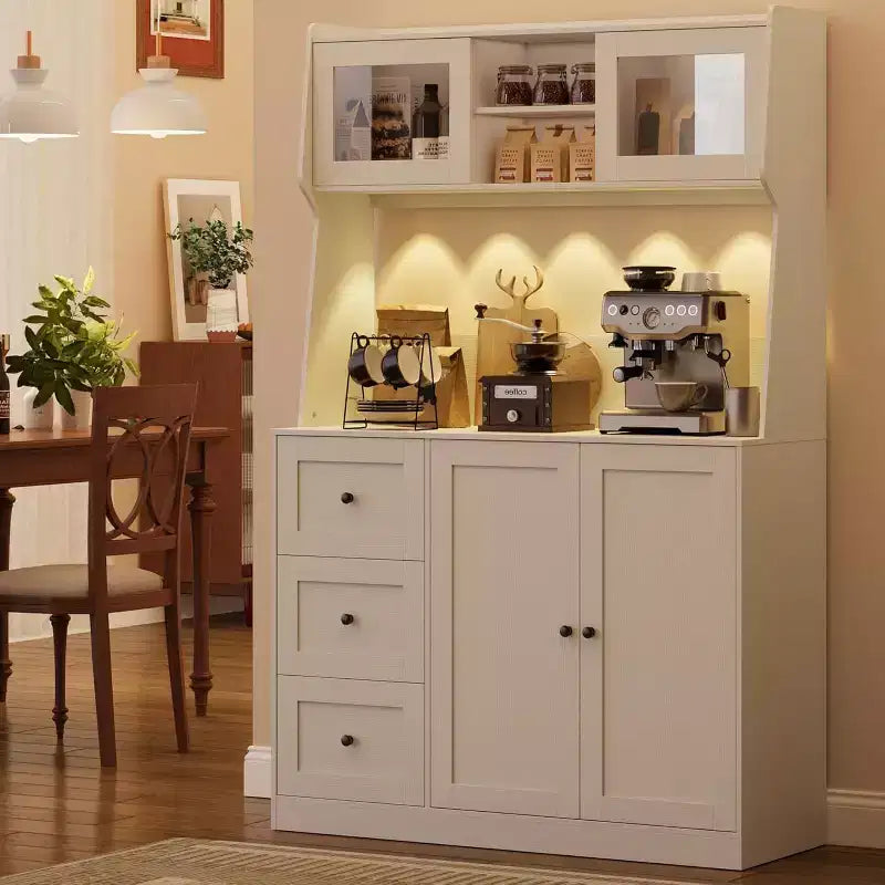 Hoher, verstellbarer Aufbewahrungsschrank 67 mit Türen aus gehärtetem Glas, großzügiger Arbeitsplatte, moderner Küchenvorratsschrank, Kaffeebar und Büroorganizer
