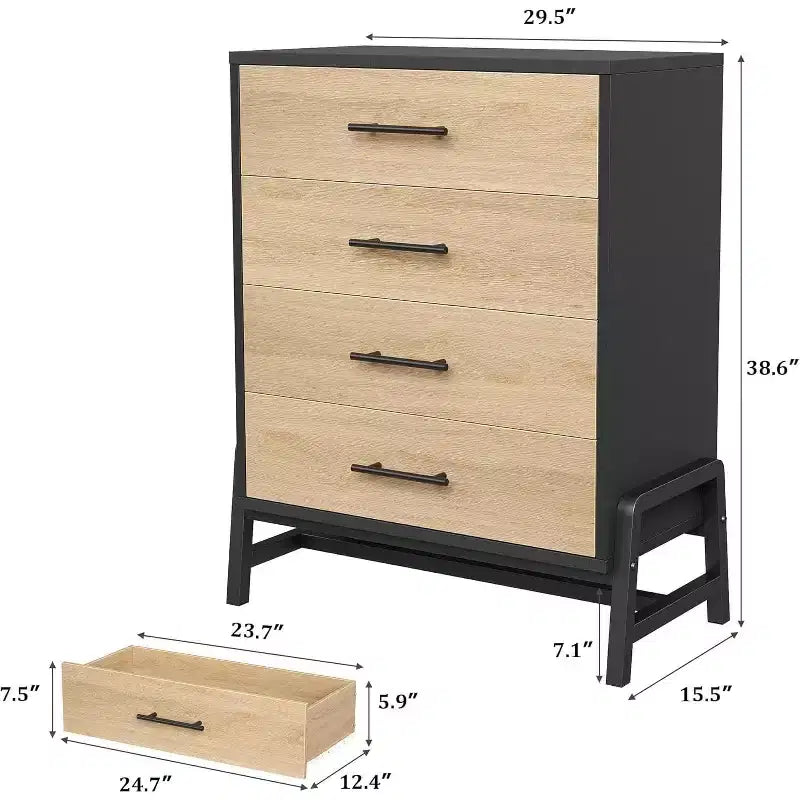 Cómoda alta de 4 cajones, cómoda de 38.6 con almacenamiento, cómoda moderna de madera para dormitorio, sala de estar o recibidor, roble natural + negro
