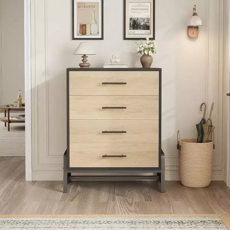 Cómoda alta de 4 cajones, cómoda de 38.6 con almacenamiento, cómoda moderna de madera para dormitorio, sala de estar o recibidor, roble natural + negro