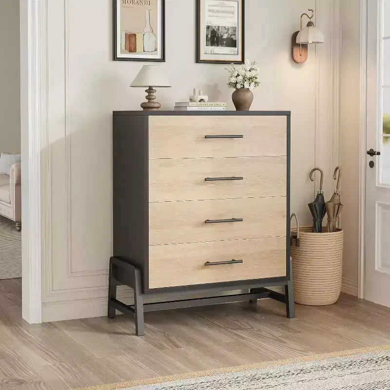 Cómoda alta de 4 cajones, cómoda de 38.6 con almacenamiento, cómoda moderna de madera para dormitorio, sala de estar o recibidor, roble natural + negro