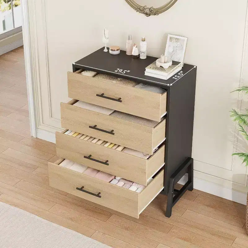 Cómoda alta de 4 cajones, cómoda de 38.6 con almacenamiento, cómoda moderna de madera para dormitorio, sala de estar o recibidor, roble natural + negro