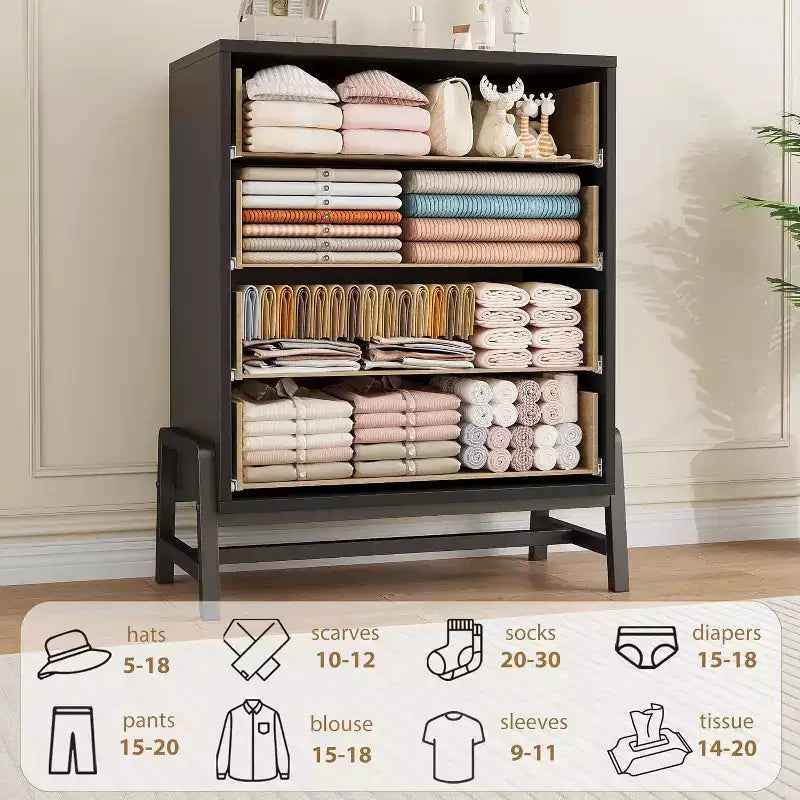 Cómoda alta de 4 cajones, cómoda de 38.6 con almacenamiento, cómoda moderna de madera para dormitorio, sala de estar o recibidor, roble natural + negro