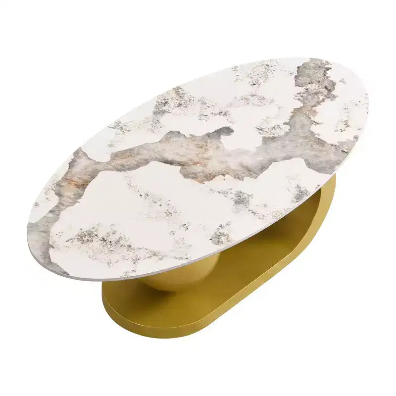 Mesa de centro ovalada moderna, mesa central de mármol irregular con base de acero dorado para la sala de estar