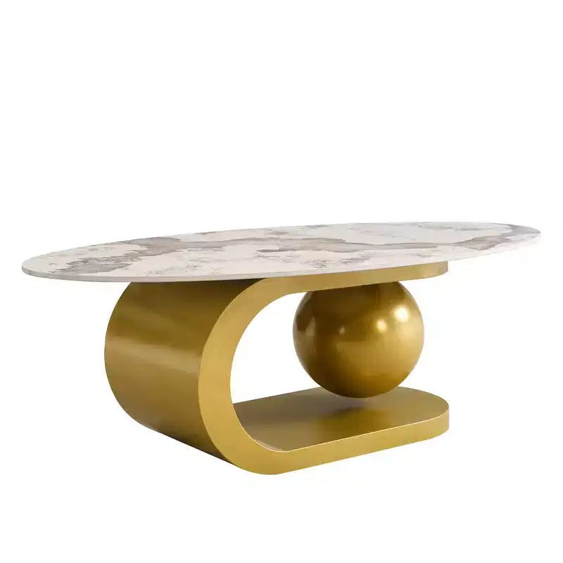 Mesa de centro ovalada moderna, mesa central de mármol irregular con base de acero dorado para la sala de estar