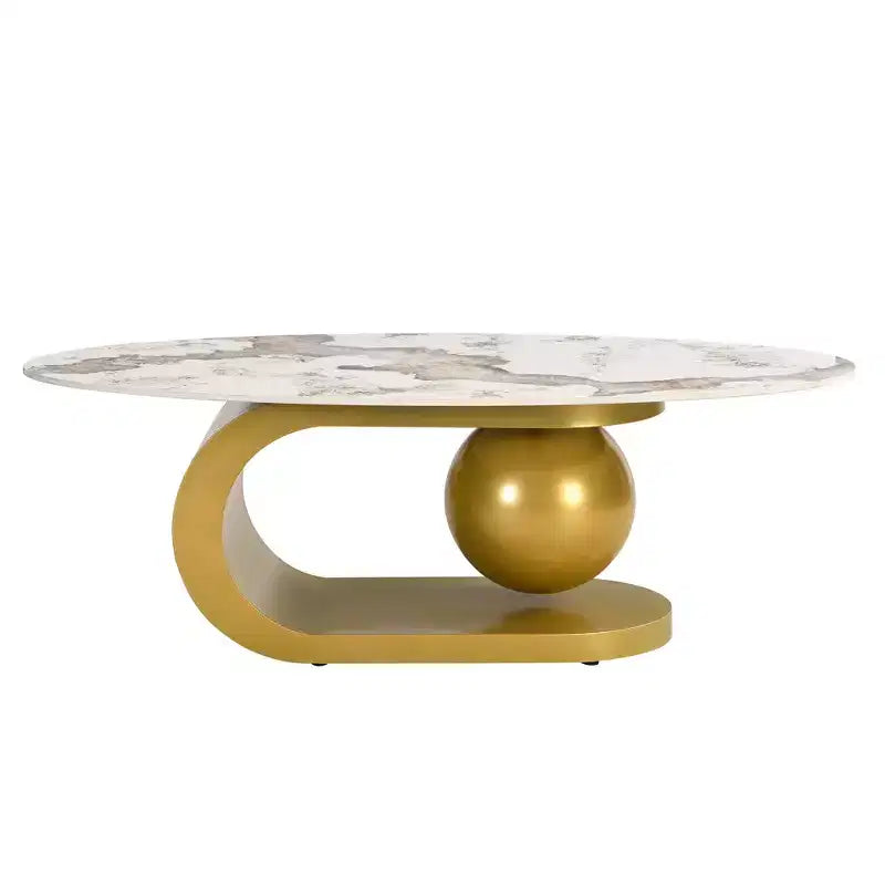 Mesa de centro ovalada moderna, mesa central de mármol irregular con base de acero dorado para la sala de estar