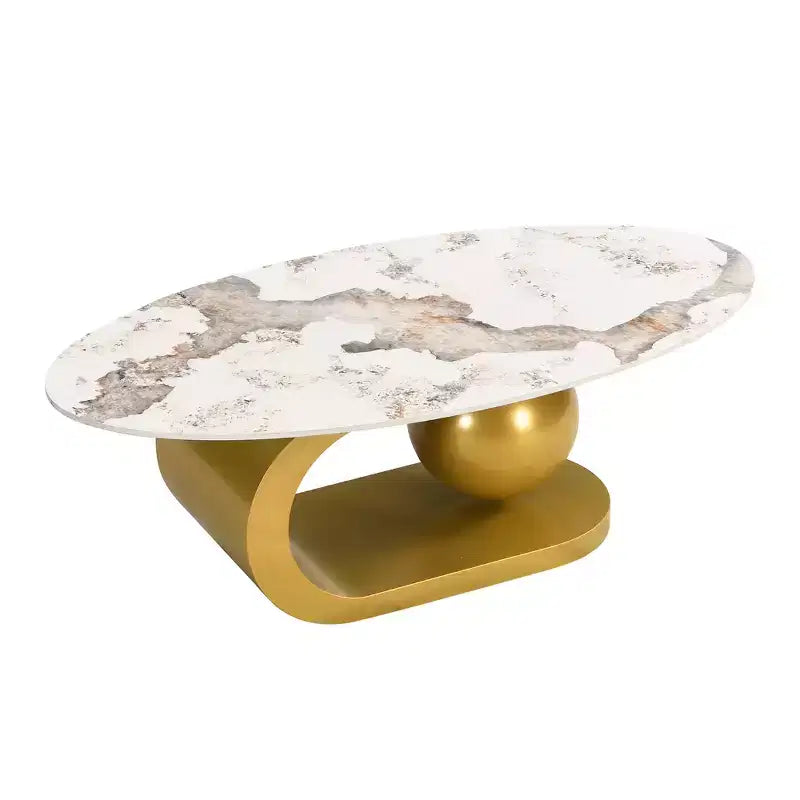 Mesa de centro ovalada moderna, mesa central de mármol irregular con base de acero dorado para la sala de estar