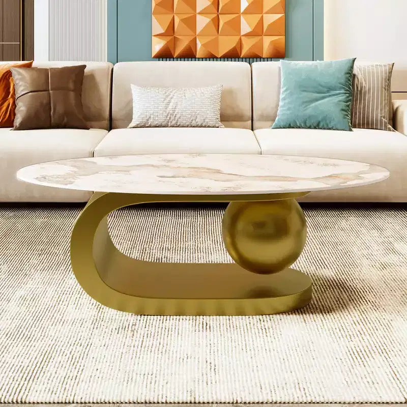 Mesa de centro ovalada moderna, mesa central de mármol irregular con base de acero dorado para la sala de estar