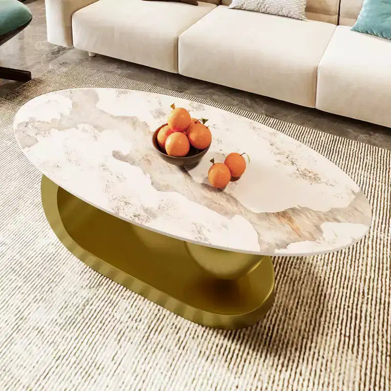 Mesa de centro ovalada moderna, mesa central de mármol irregular con base de acero dorado para la sala de estar