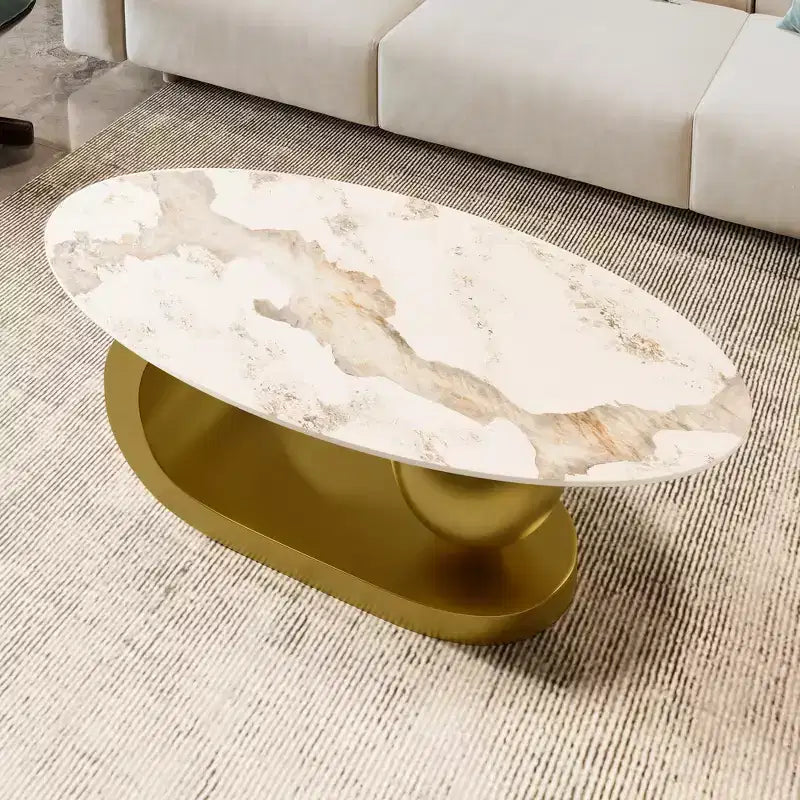 Mesa de centro ovalada moderna, mesa central de mármol irregular con base de acero dorado para la sala de estar