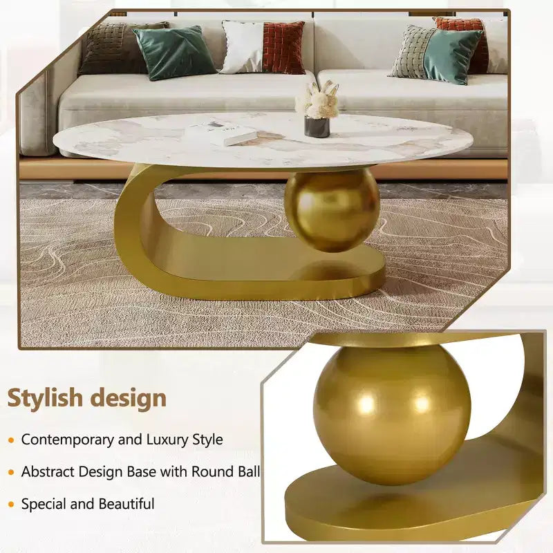 Mesa de centro ovalada moderna, mesa central de mármol irregular con base de acero dorado para la sala de estar