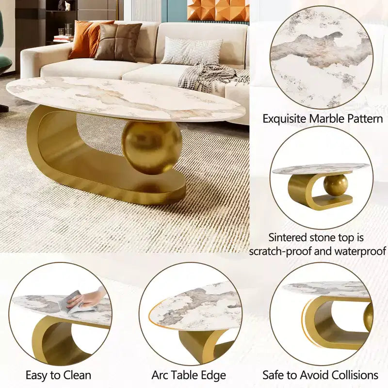 Mesa de centro ovalada moderna, mesa central de mármol irregular con base de acero dorado para la sala de estar