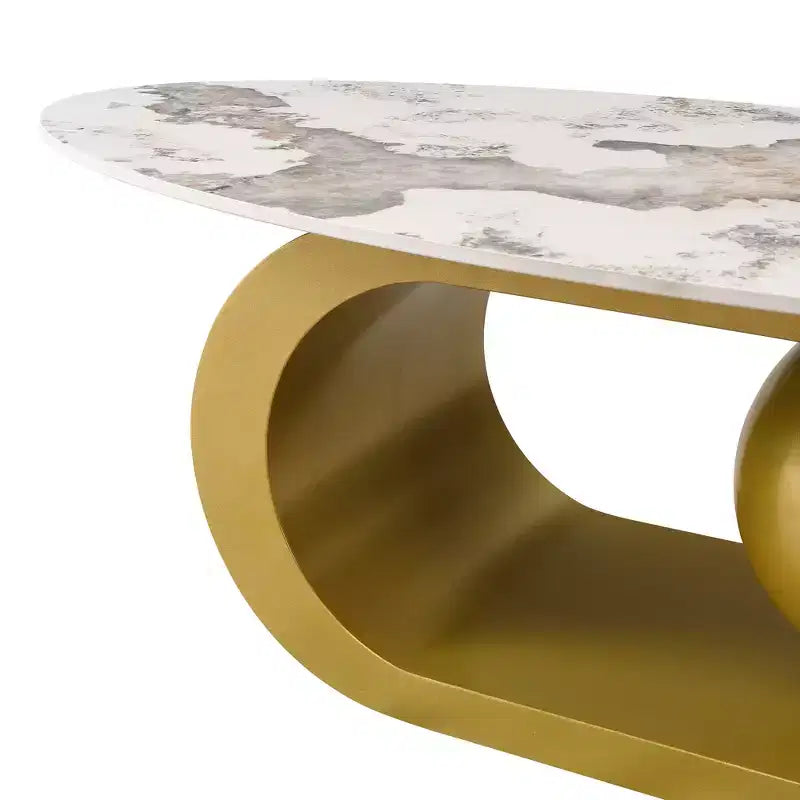 Mesa de centro ovalada moderna, mesa central de mármol irregular con base de acero dorado para la sala de estar