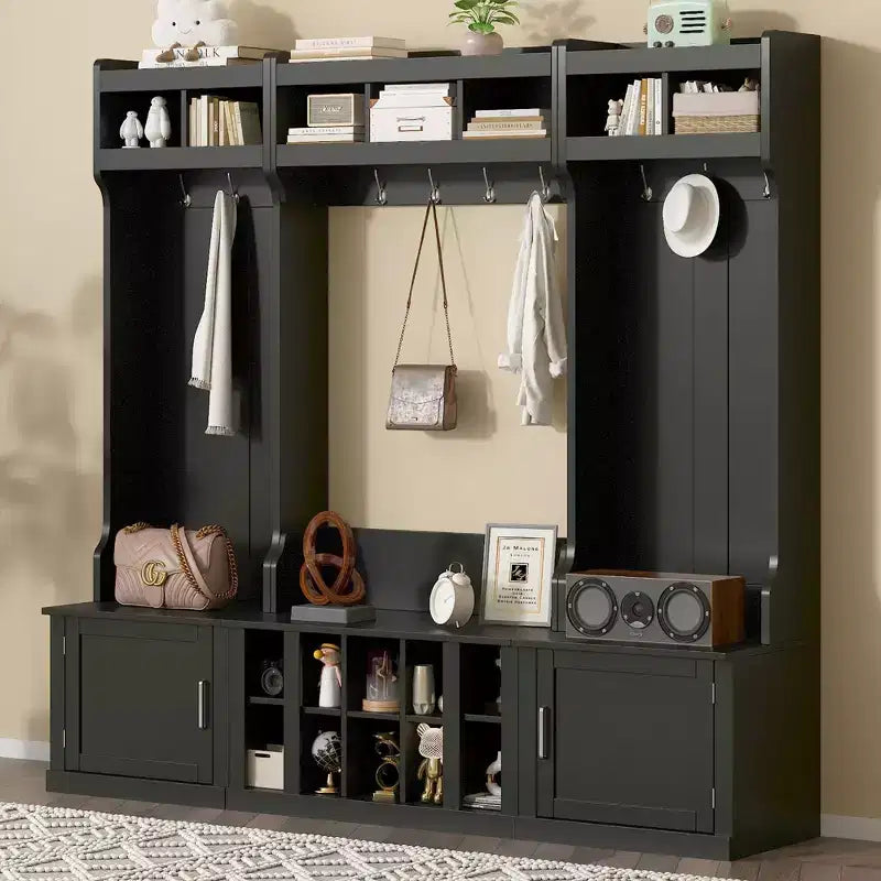 Árbol de recibidor ancho 4-IN-1 con banco y compartimentos para zapatos, perchero con estantes de almacenamiento y 10 ganchos, perchero de pie para pasillo, negro