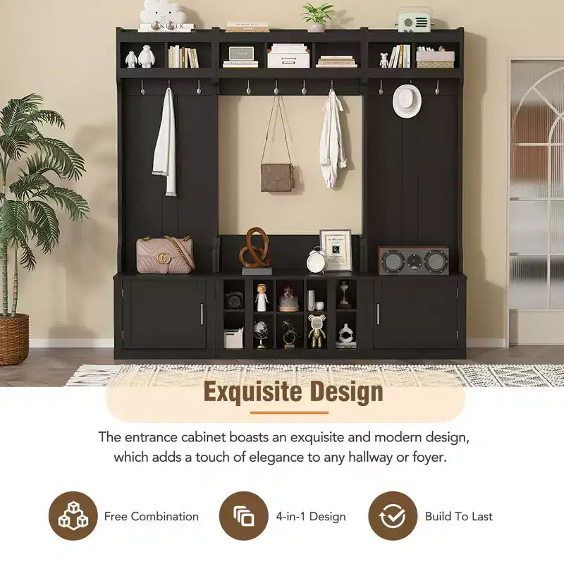 Árbol de recibidor ancho 4-IN-1 con banco y compartimentos para zapatos, perchero con estantes de almacenamiento y 10 ganchos, perchero de pie para pasillo, negro