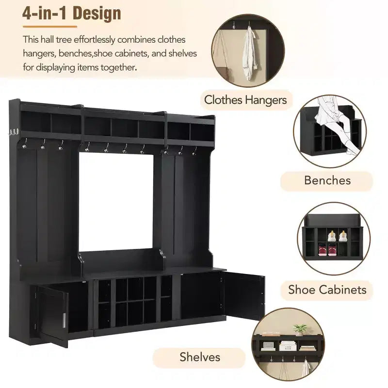 Árbol de recibidor ancho 4-IN-1 con banco y compartimentos para zapatos, perchero con estantes de almacenamiento y 10 ganchos, perchero de pie para pasillo, negro
