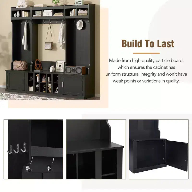 Árbol de recibidor ancho 4-IN-1 con banco y compartimentos para zapatos, perchero con estantes de almacenamiento y 10 ganchos, perchero de pie para pasillo, negro