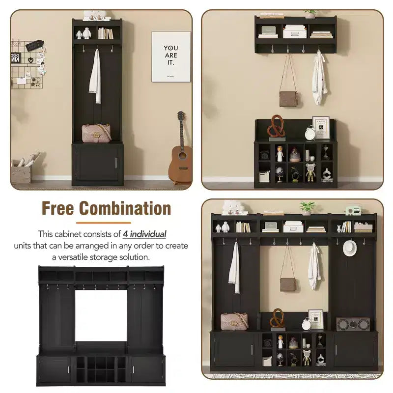 Árbol de recibidor ancho 4-IN-1 con banco y compartimentos para zapatos, perchero con estantes de almacenamiento y 10 ganchos, perchero de pie para pasillo, negro