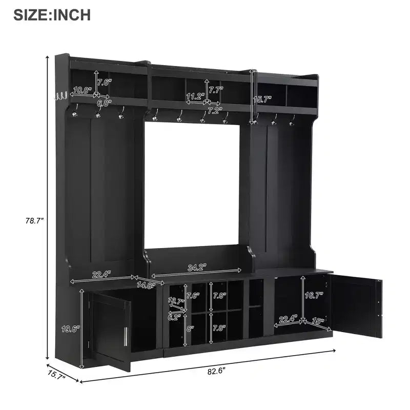Árbol de recibidor ancho 4-IN-1 con banco y compartimentos para zapatos, perchero con estantes de almacenamiento y 10 ganchos, perchero de pie para pasillo, negro