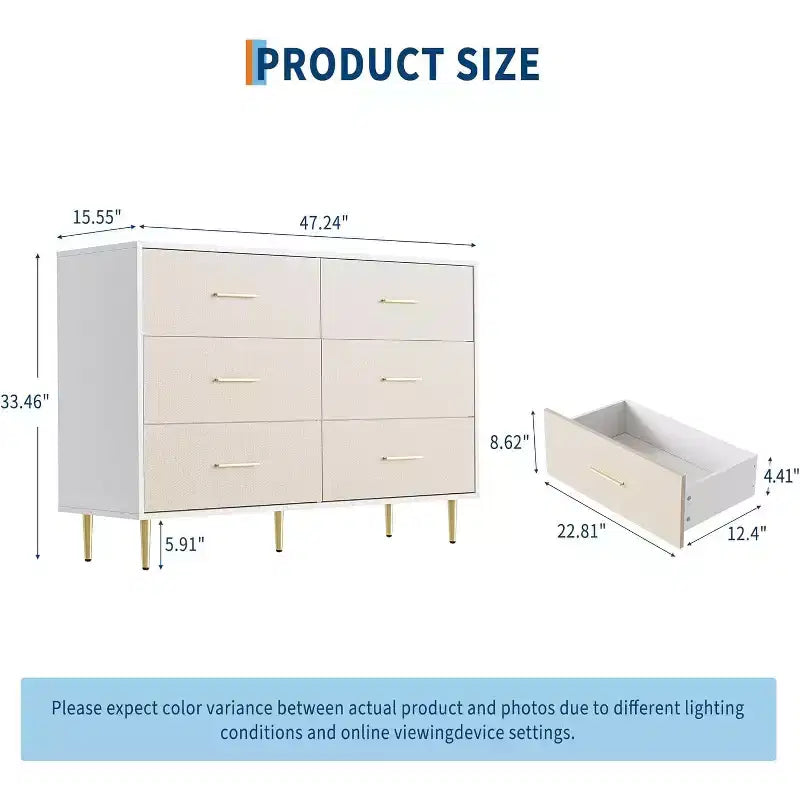Kommode mit 6 Schubladen, moderne weiße Kommode mit goldenen Metallbeinen und Griffen, große doppelte Holzkommode für Schlafzimmer, Wohnzimmer und Büro