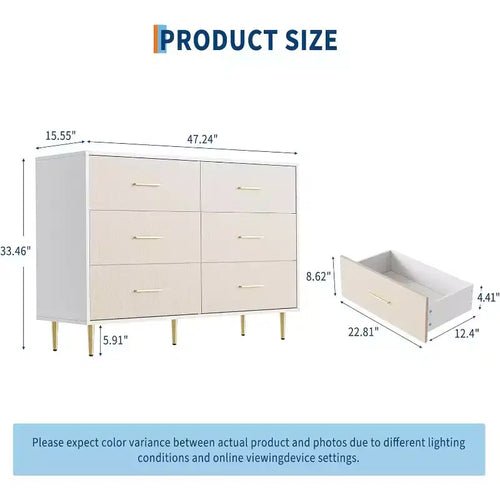 Kommode mit 6 Schubladen, moderne weiße Kommode mit goldenen Metallbeinen und Griffen, große doppelte Holzkommode für Schlafzimmer, Wohnzimmer und Büro