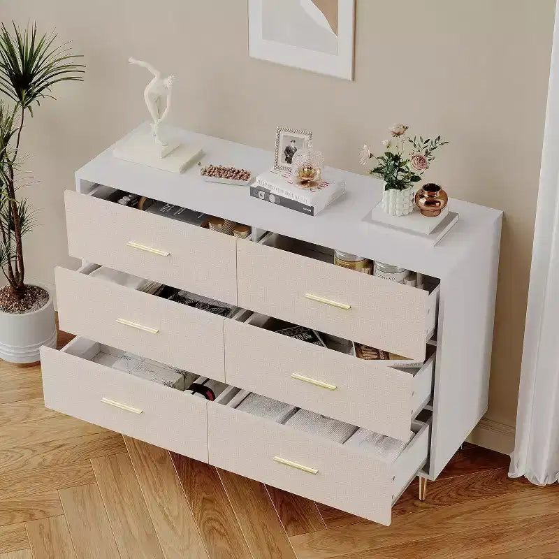 Kommode mit 6 Schubladen, moderne weiße Kommode mit goldenen Metallbeinen und Griffen, große doppelte Holzkommode für Schlafzimmer, Wohnzimmer und Büro