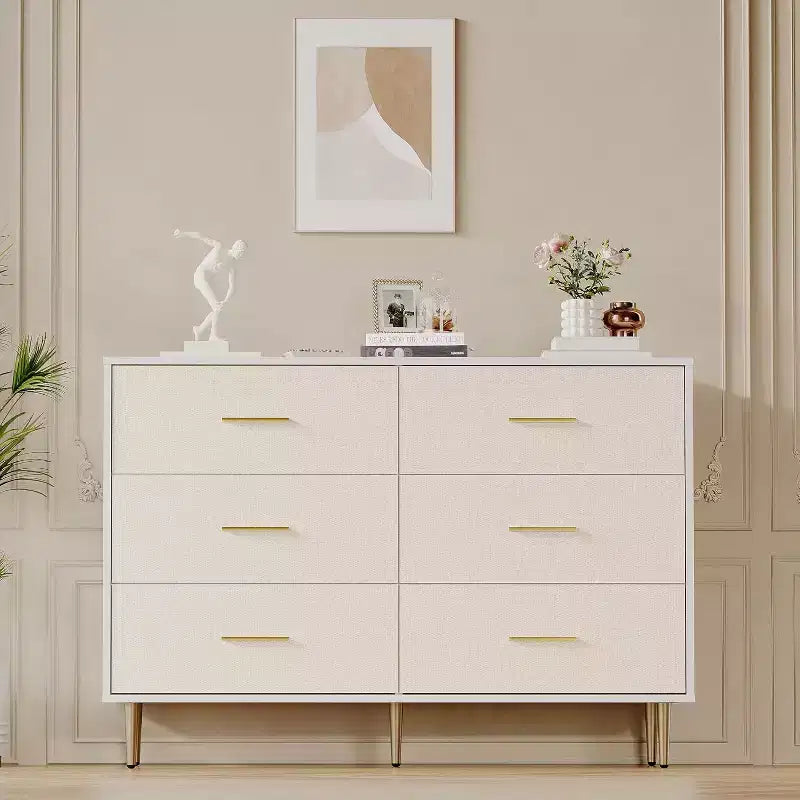 Kommode mit 6 Schubladen, moderne weiße Kommode mit goldenen Metallbeinen und Griffen, große doppelte Holzkommode für Schlafzimmer, Wohnzimmer und Büro