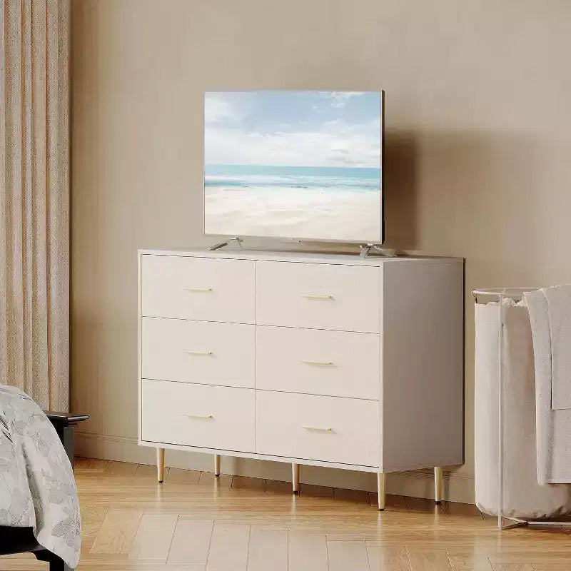 Kommode mit 6 Schubladen, moderne weiße Kommode mit goldenen Metallbeinen und Griffen, große doppelte Holzkommode für Schlafzimmer, Wohnzimmer und Büro