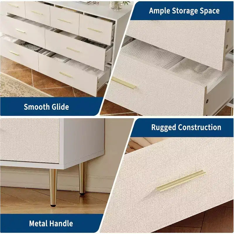 Kommode mit 6 Schubladen, moderne weiße Kommode mit goldenen Metallbeinen und Griffen, große doppelte Holzkommode für Schlafzimmer, Wohnzimmer und Büro