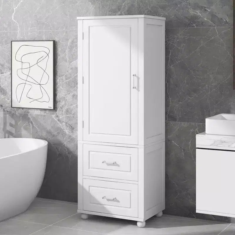 MAYEERTY Tall Bathroom Cabinet Freestanding 2 Drawers Adjustable Shelf MDF Painted White