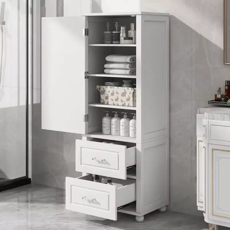 Hoher freistehender Badezimmerschrank mit 2 Schubladen und verstellbarem Einlegeboden, weiß lackierte MDF-Platte