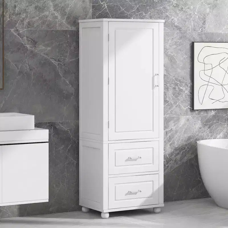 Armario alto de baño independiente con 2 cajones y estante ajustable, MDF pintado de blanco