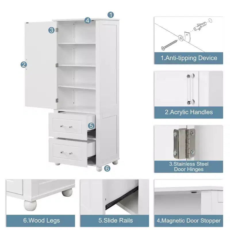 Hoher freistehender Badezimmerschrank mit 2 Schubladen und verstellbarem Einlegeboden, weiß lackierte MDF-Platte