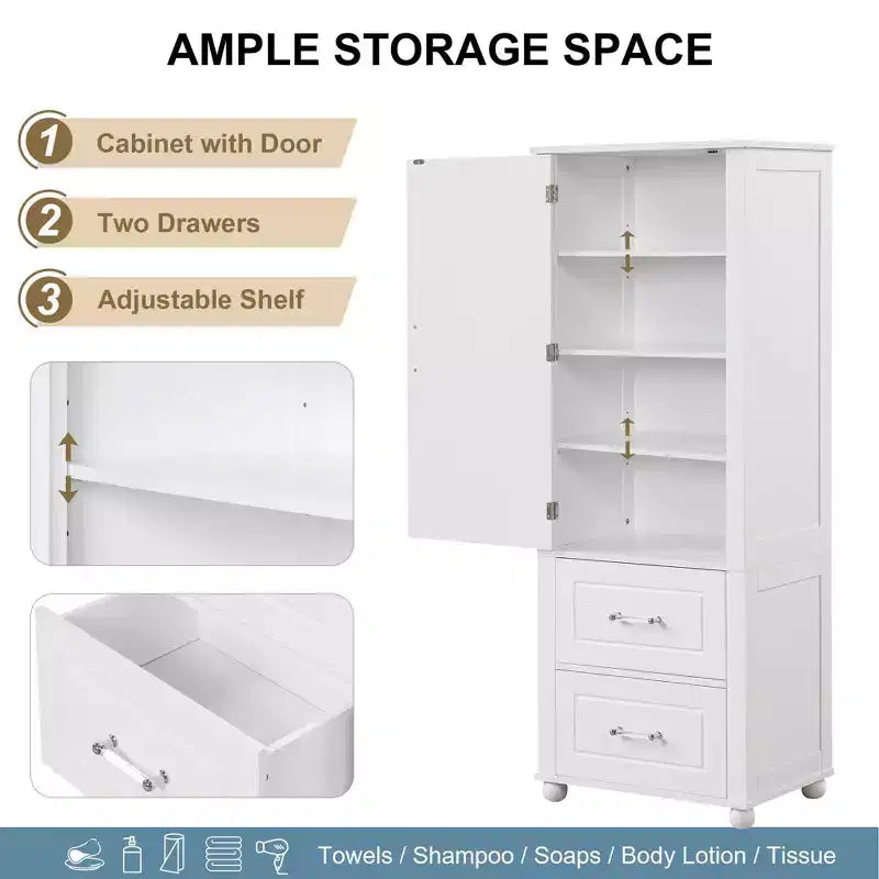 Hoher freistehender Badezimmerschrank mit 2 Schubladen und verstellbarem Einlegeboden, weiß lackierte MDF-Platte