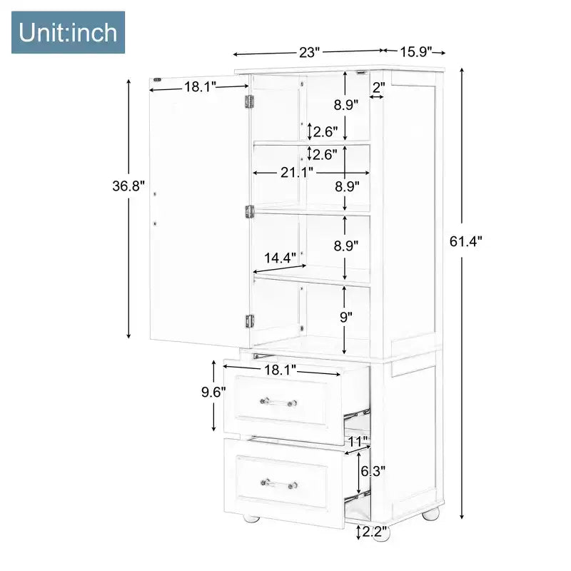 Hoher freistehender Badezimmerschrank mit 2 Schubladen und verstellbarem Einlegeboden, weiß lackierte MDF-Platte