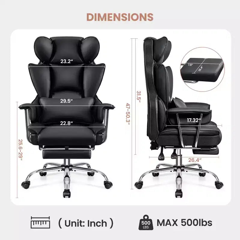 Bürostuhl, großer und hoher Chefsessel mit Fußstütze, ergonomisch, verstellbare Rückenlehne mit hoher Rückenstütze