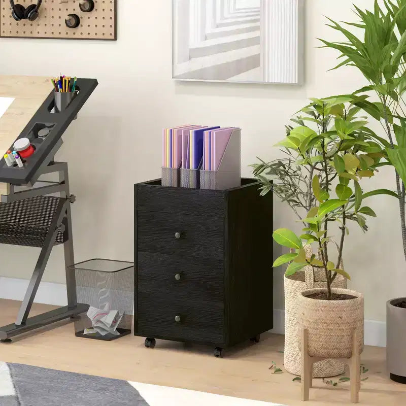 Rollbarer Aktenschrank mit 3 Schubladen, mobiler Aufbewahrungsschrank fürs Homeoffice mit Ablagefläche oben, Druckerständer unter dem Schreibtisch