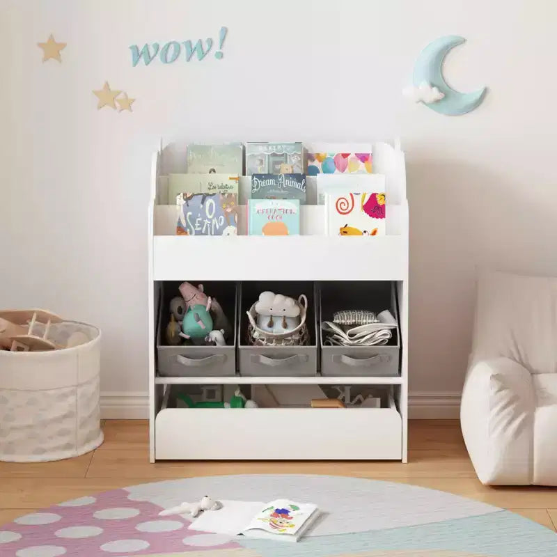 Bücherregal mit Aufbewahrungsboxen und Schublade, vielseitiger Bücherorganizer aus Holz für Kleinkinder, für das Wohnzimmer, Weiß