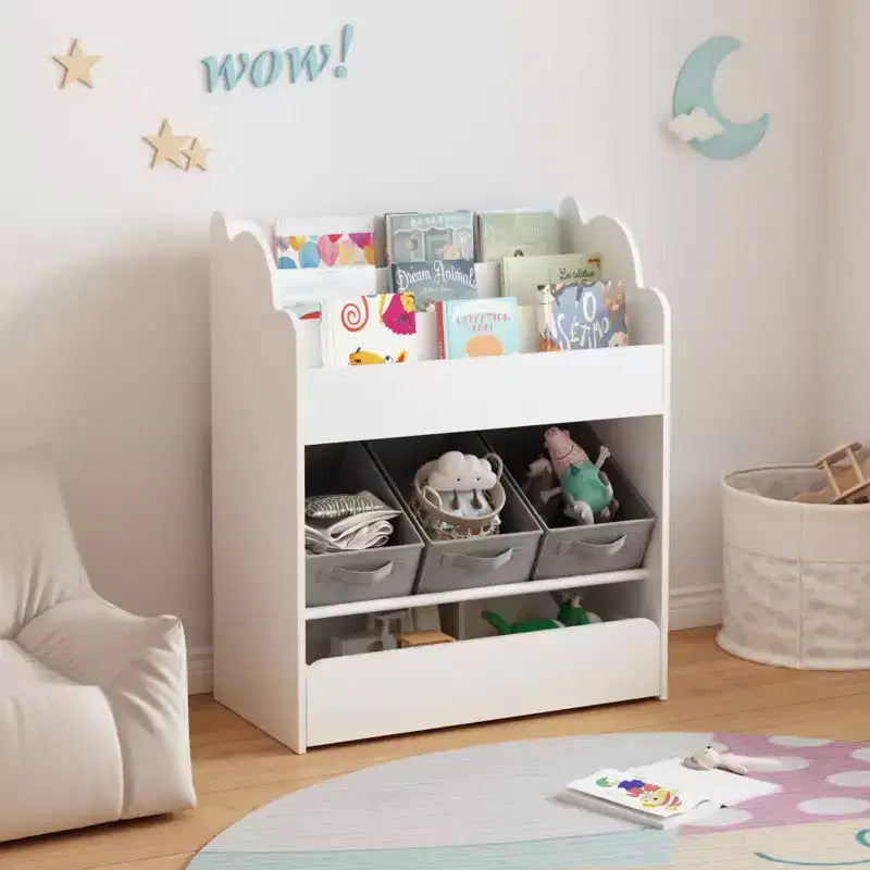 Estantería con cubos de almacenamiento y cajón, organizador de libros multifuncional de madera para niños pequeños, blanco, para la sala de estar