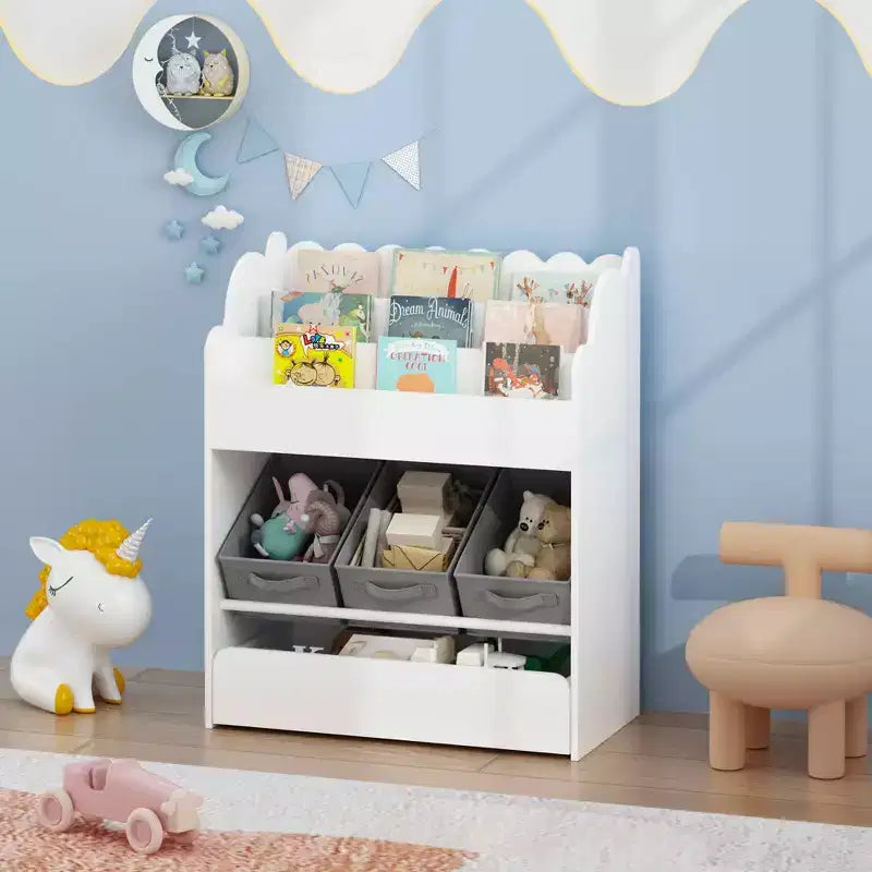Estantería con cubos de almacenamiento y cajón, organizador de libros multifuncional de madera para niños pequeños, blanco, para la sala de estar