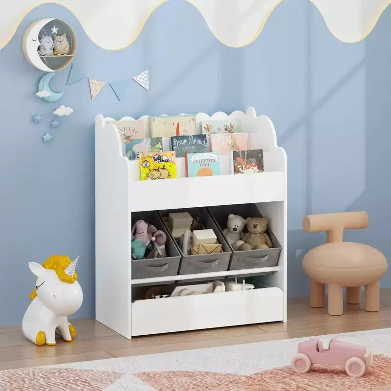Bücherregal mit Aufbewahrungsboxen und Schublade, vielseitiger Bücherorganizer aus Holz für Kleinkinder, für das Wohnzimmer, Weiß