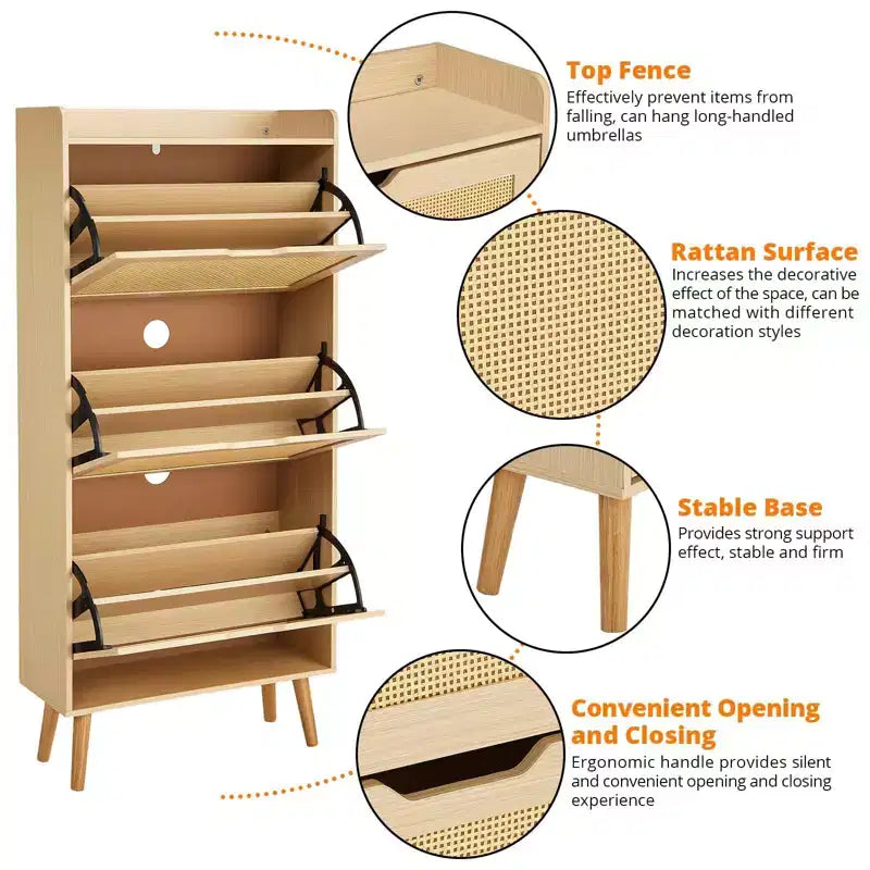 Meuble à chaussures étroit à 3 tiroirs avec façade en rotin tressé, rangement gain de place à 6 niveaux de 52.9 avec banc pour entrée, couloir et porche