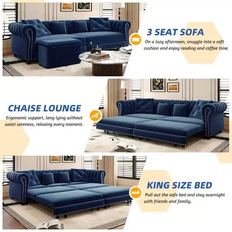 89 Samtsofa für 3 Personen mit verschiebbarem Ottomanen, ausziehbares Schlafsofa 3-in-1, Schlafsofa in Kingsize, Blau