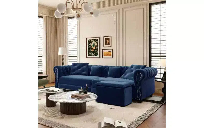 Sofá de terciopelo de 89 para 3 personas con otomana móvil, sofá cama extraíble 3 en 1, sofá cama tamaño king, azul