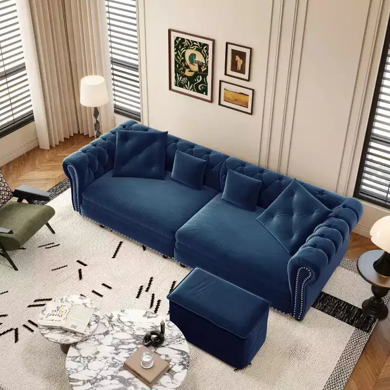 89 Samtsofa für 3 Personen mit verschiebbarem Ottomanen, ausziehbares Schlafsofa 3-in-1, Schlafsofa in Kingsize, Blau