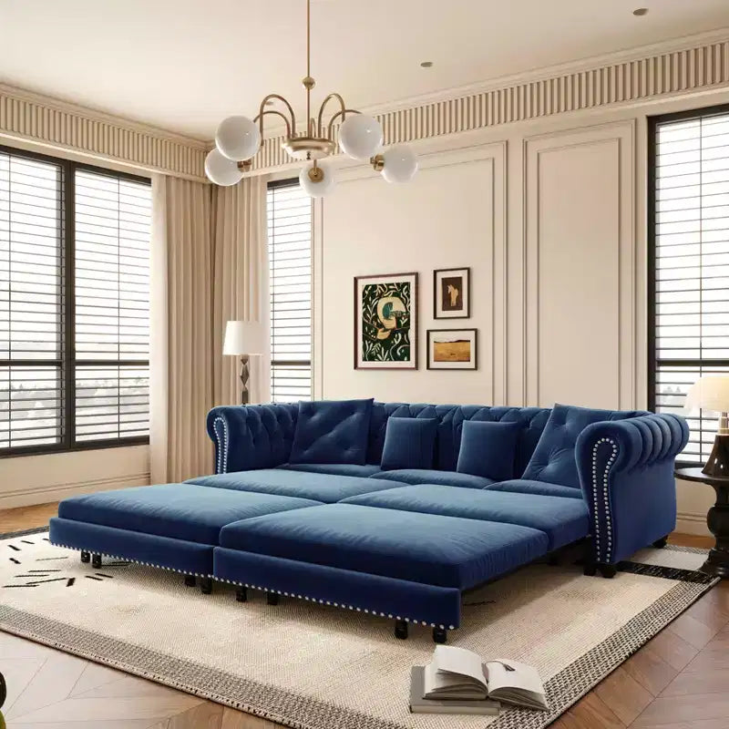 Sofá de terciopelo de 89 para 3 personas con otomana móvil, sofá cama extraíble 3 en 1, sofá cama tamaño king, azul