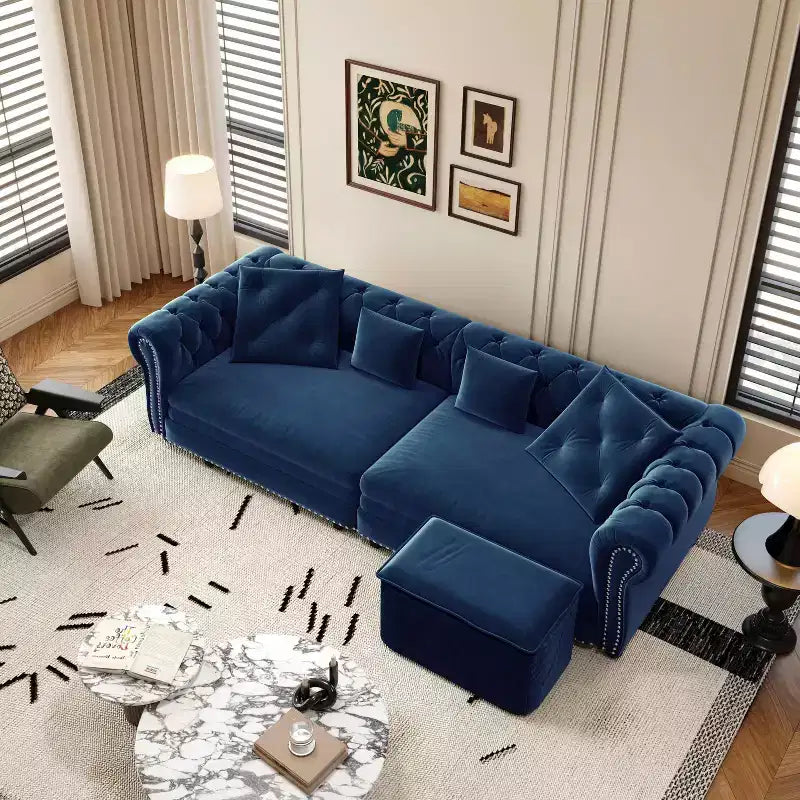Sofá de terciopelo de 89 para 3 personas con otomana móvil, sofá cama extraíble 3 en 1, sofá cama tamaño king, azul