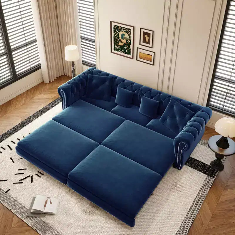 89 Samtsofa für 3 Personen mit verschiebbarem Ottomanen, ausziehbares Schlafsofa 3-in-1, Schlafsofa in Kingsize, Blau